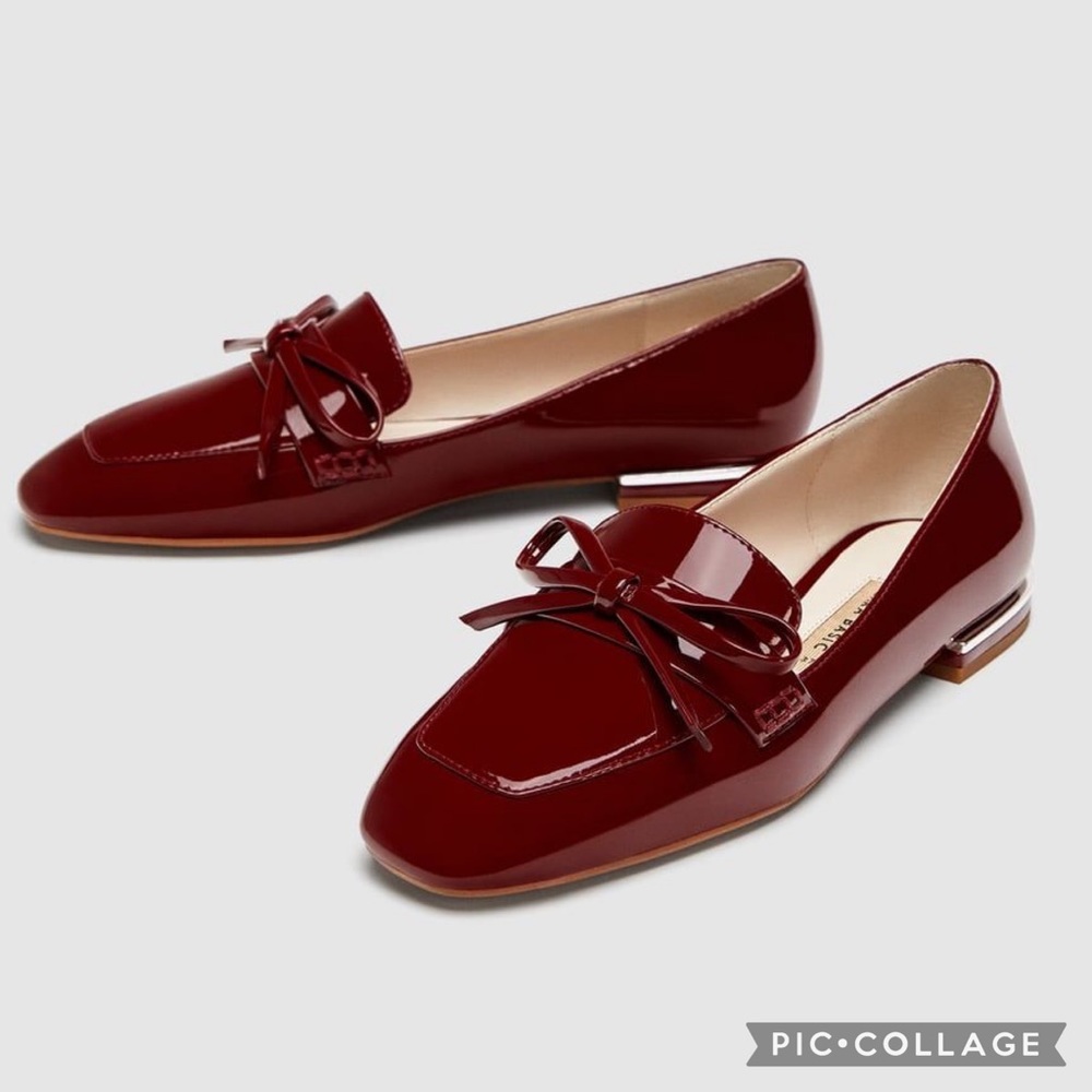 Zara Patent Leather Burgundy Bow Loafers